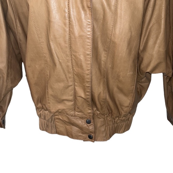 Vintage Georgetown Leather Tan Leather 80s Pleated Dolman Puff Sleeve Jacket - S - Picture 7 of 16